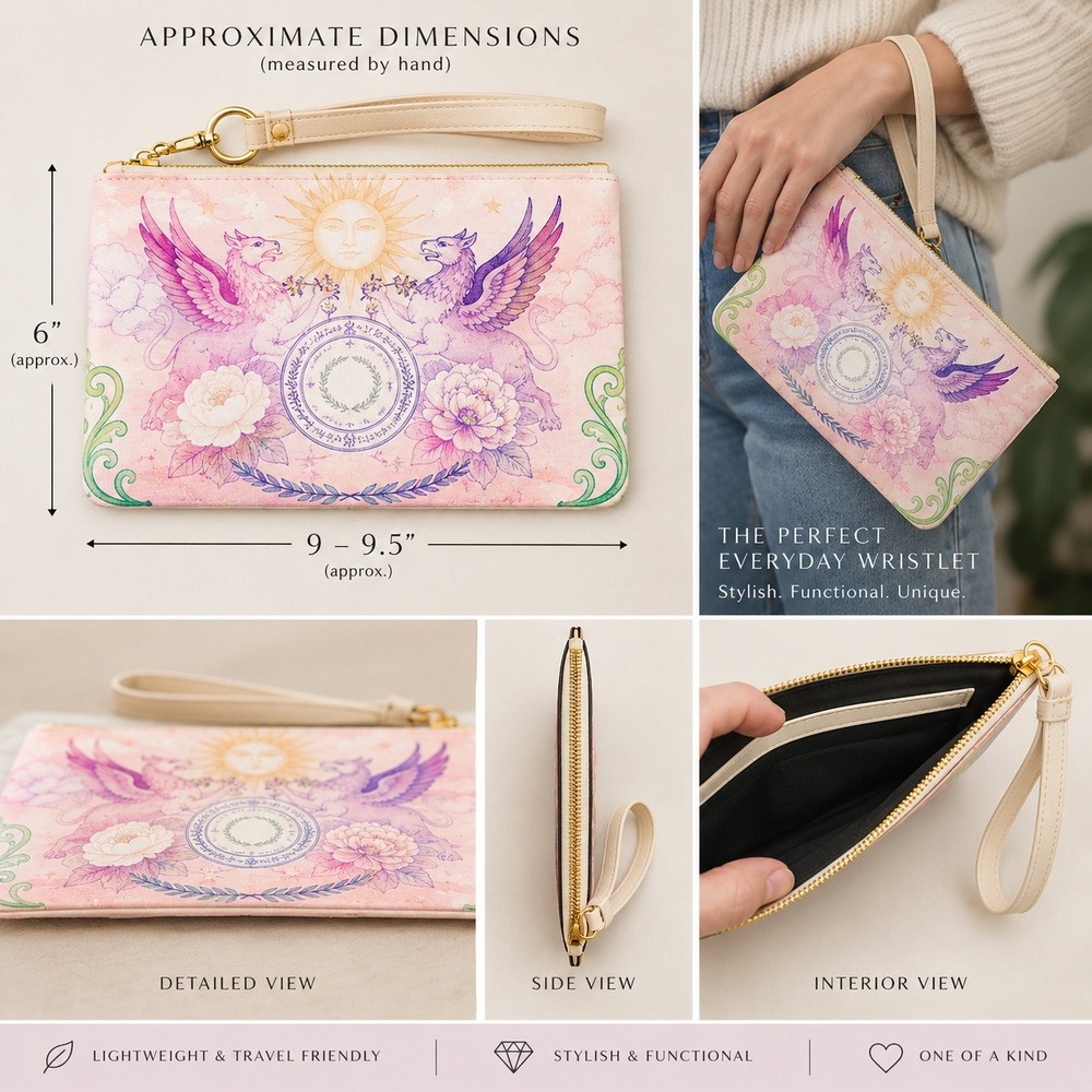 Artist Designed Griffin Sun Wristlet Pouch OS Pink Celestial NEW